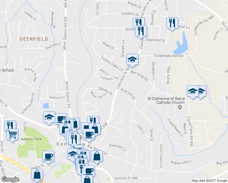 map of restaurants, bars, coffee shops, grocery stores, and more near 3119 Cherokee St in Kennesaw