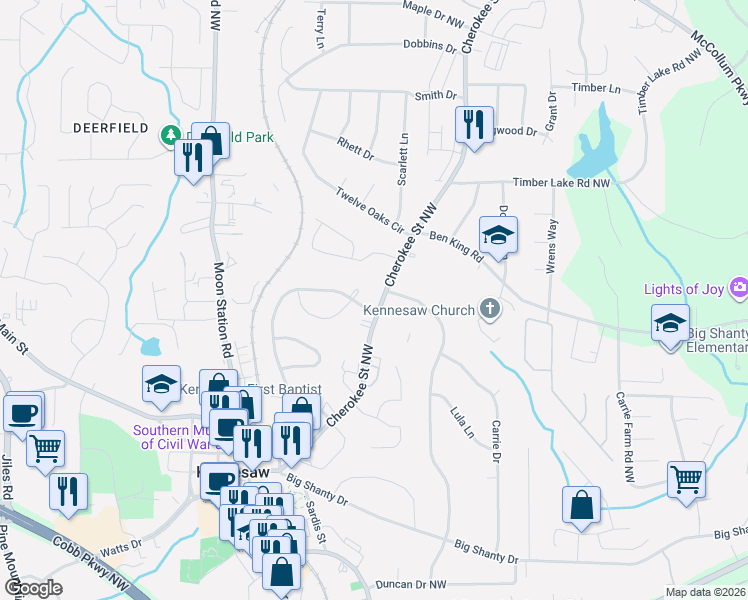 map of restaurants, bars, coffee shops, grocery stores, and more near 3096 Cherokee Street Northwest in Kennesaw