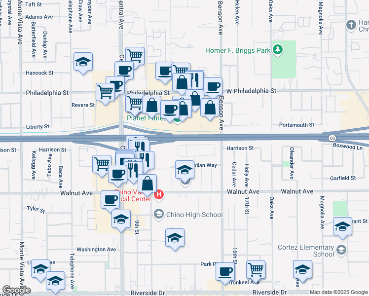 map of restaurants, bars, coffee shops, grocery stores, and more near 12346 Grey Owl Way in Chino