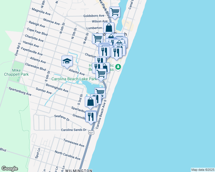 map of restaurants, bars, coffee shops, grocery stores, and more near 503 Lake Park Boulevard South in Carolina Beach