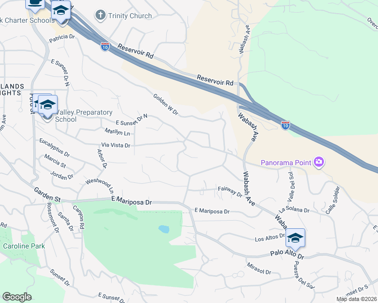 map of restaurants, bars, coffee shops, grocery stores, and more near 646 Alta Loma Drive in Redlands
