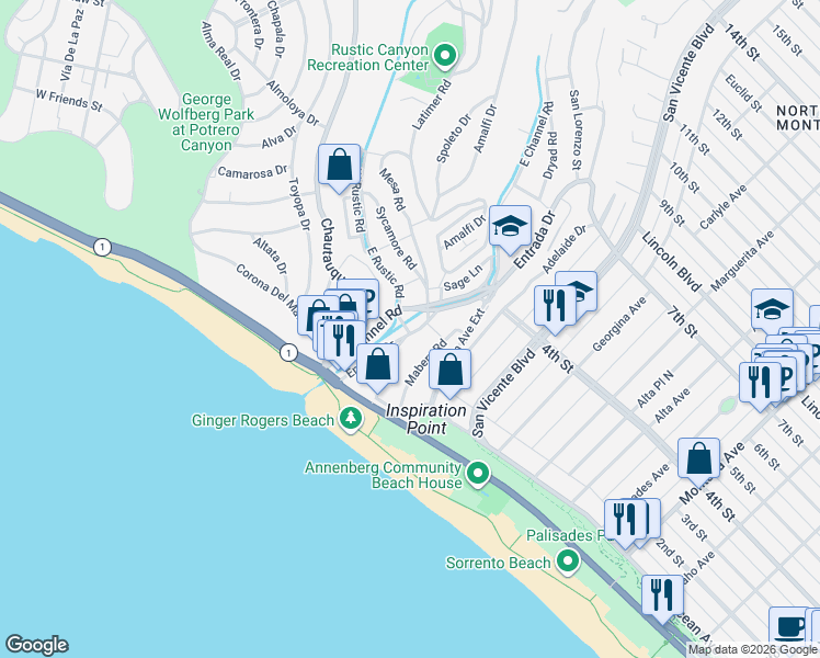 map of restaurants, bars, coffee shops, grocery stores, and more near 257 Entrada Drive in Santa Monica