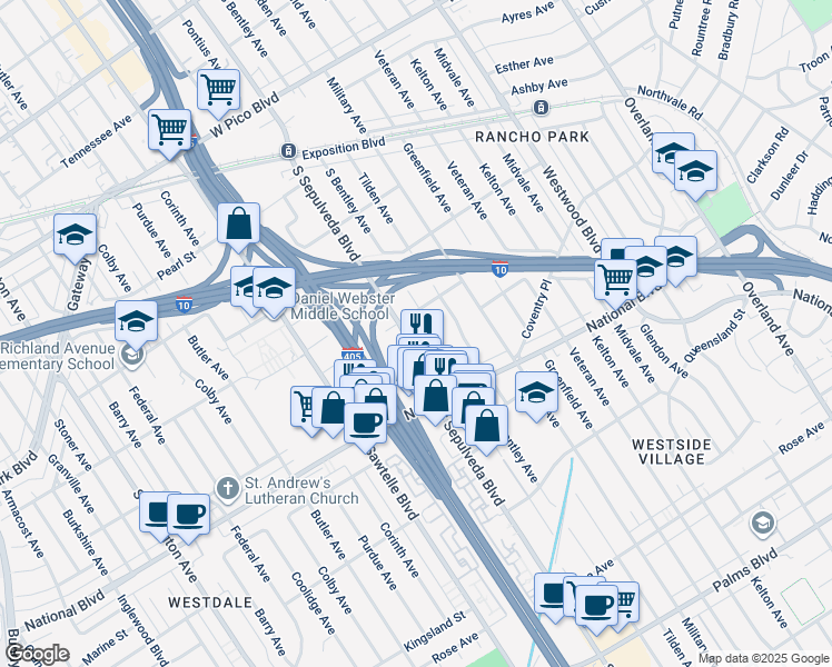 map of restaurants, bars, coffee shops, grocery stores, and more near 2840 South Sepulveda Boulevard in Los Angeles