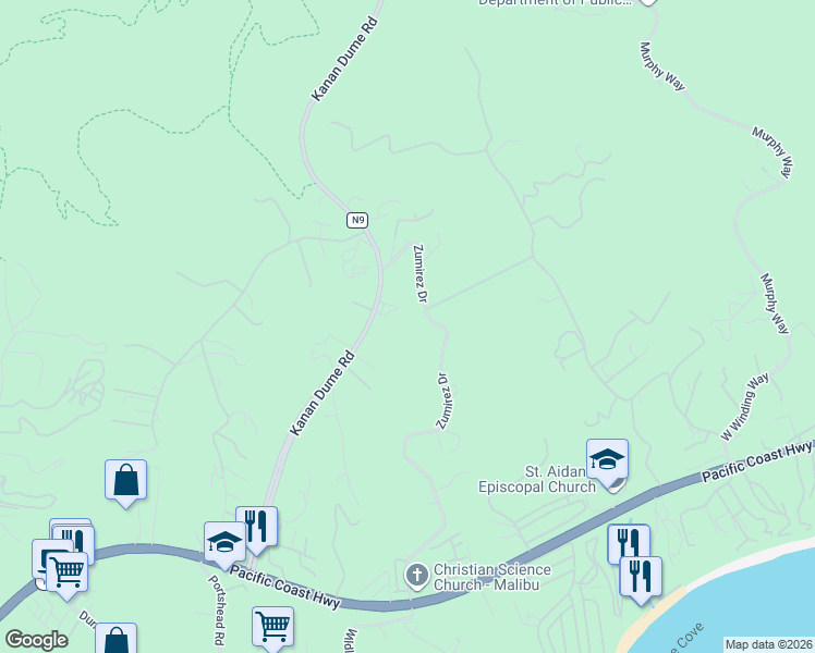 map of restaurants, bars, coffee shops, grocery stores, and more near 5908 Kanan Dume Road in Malibu