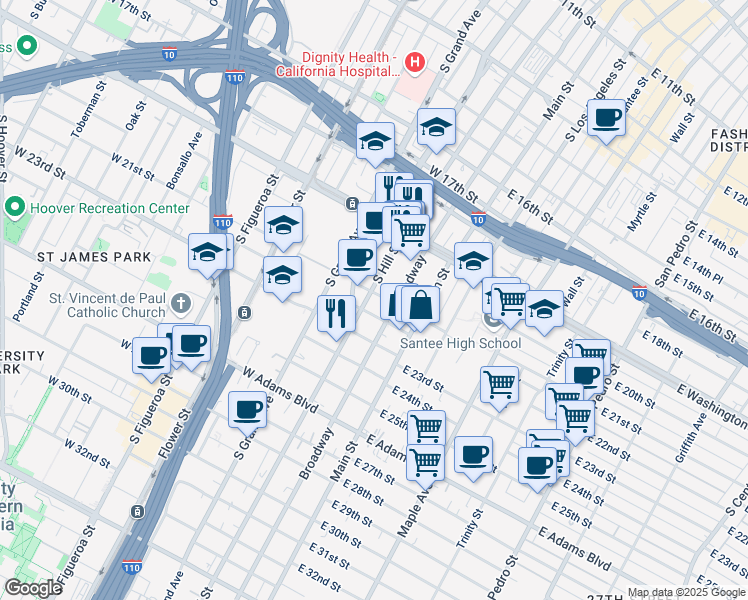 map of restaurants, bars, coffee shops, grocery stores, and more near 2121 South Broadway in Los Angeles