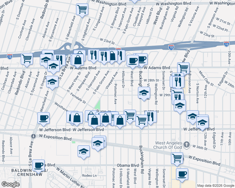 map of restaurants, bars, coffee shops, grocery stores, and more near 2850 Potomac Avenue in Los Angeles