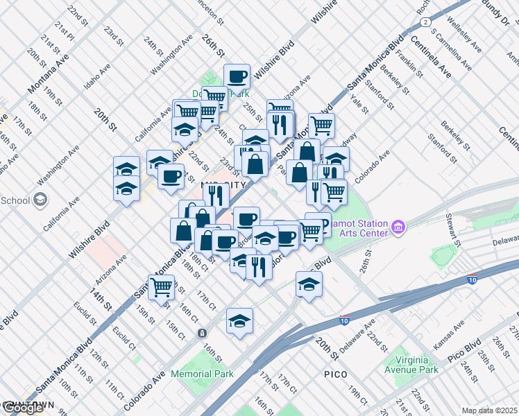 map of restaurants, bars, coffee shops, grocery stores, and more near 1440 23rd Street in Santa Monica