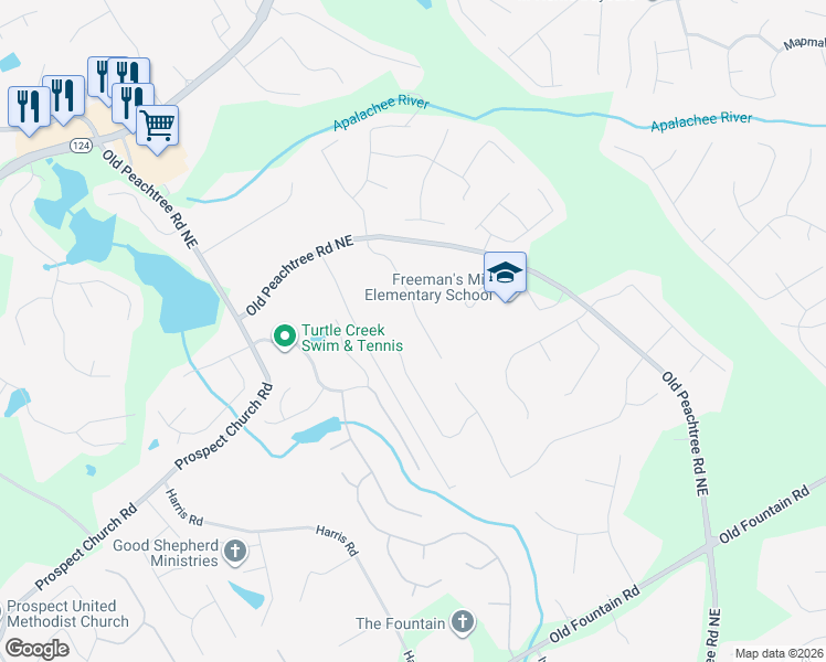map of restaurants, bars, coffee shops, grocery stores, and more near 1545 Royale Castle Drive in Lawrenceville