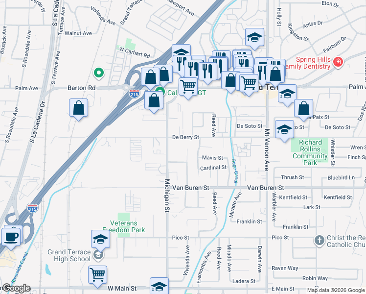 map of restaurants, bars, coffee shops, grocery stores, and more near 12338 Vivienda Avenue in Grand Terrace