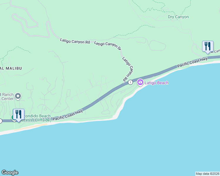 map of restaurants, bars, coffee shops, grocery stores, and more near 6320 Via Cataldo Street in Malibu