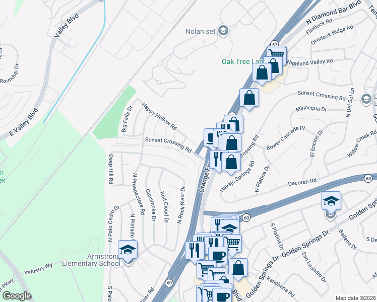 map of restaurants, bars, coffee shops, grocery stores, and more near 23031 Dry Creek Road in Diamond Bar