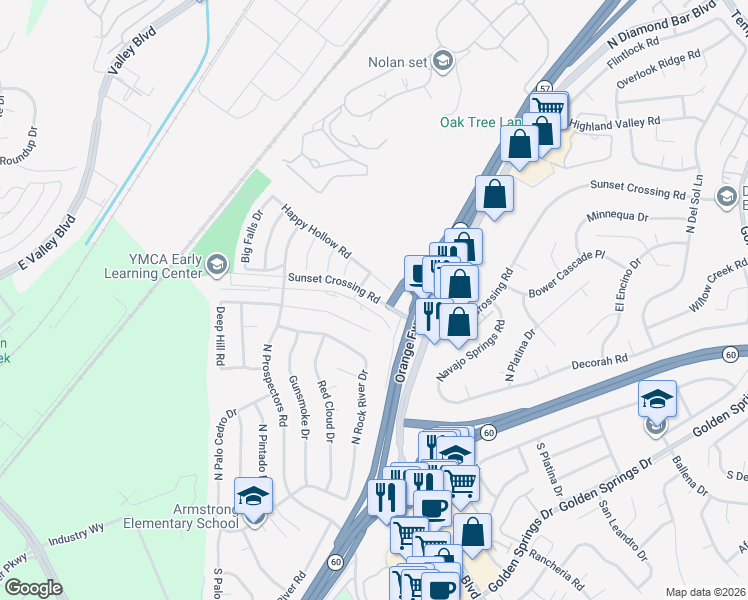 map of restaurants, bars, coffee shops, grocery stores, and more near 22942 Sunset Crossing Road in Diamond Bar