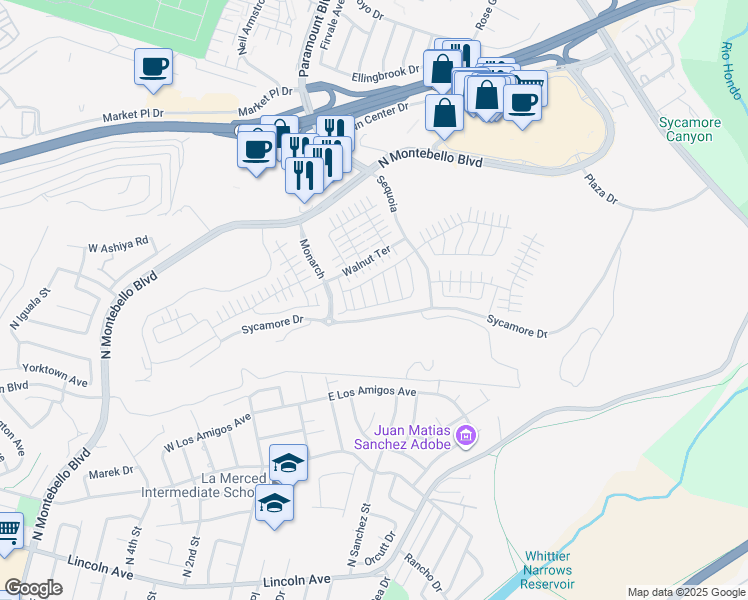 map of restaurants, bars, coffee shops, grocery stores, and more near 595 Sage Way in Montebello