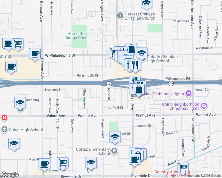 map of restaurants, bars, coffee shops, grocery stores, and more near 12364 Aralia Drive in Chino
