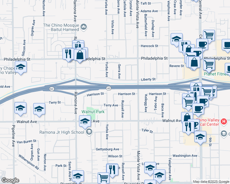 map of restaurants, bars, coffee shops, grocery stores, and more near 12358 Baker Avenue in Chino