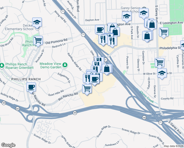 map of restaurants, bars, coffee shops, grocery stores, and more near 62 Rio Rancho Road in Pomona
