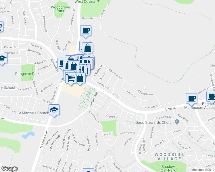 map of restaurants, bars, coffee shops, grocery stores, and more near 1716 Natalie Avenue in West Covina
