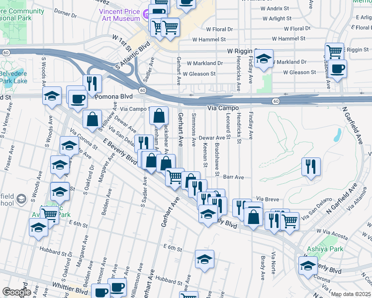 map of restaurants, bars, coffee shops, grocery stores, and more near 329 Simmons Avenue in Montebello