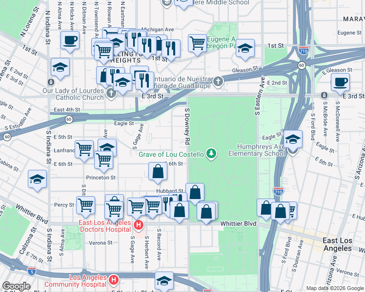 map of restaurants, bars, coffee shops, grocery stores, and more near 519 South Downey Road in Los Angeles