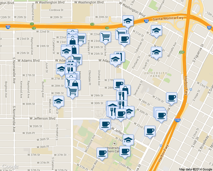map of restaurants, bars, coffee shops, grocery stores, and more near 1210 West 28th Street in Los Angeles