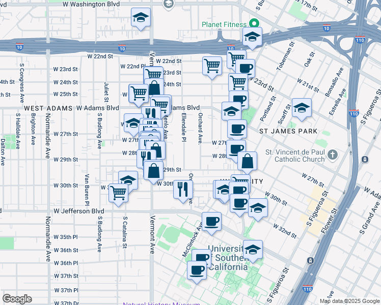 map of restaurants, bars, coffee shops, grocery stores, and more near 2814 Ellendale Place in Los Angeles