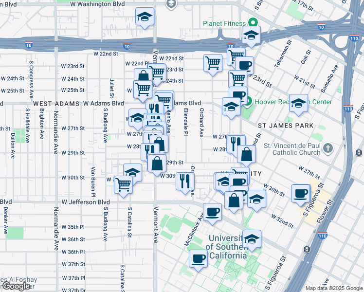 map of restaurants, bars, coffee shops, grocery stores, and more near 2814 Ellendale Place in Los Angeles