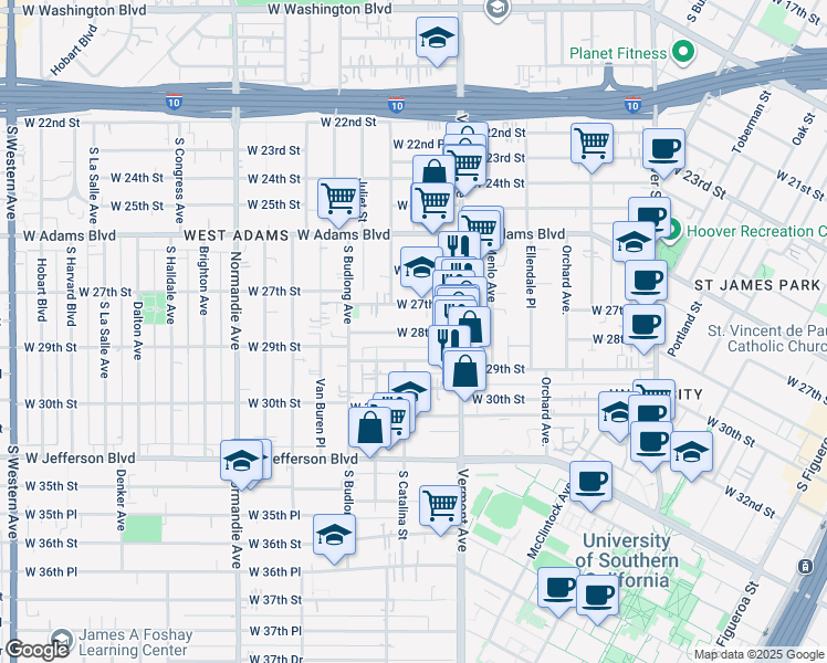 map of restaurants, bars, coffee shops, grocery stores, and more near 1447 West 29th Street in Los Angeles