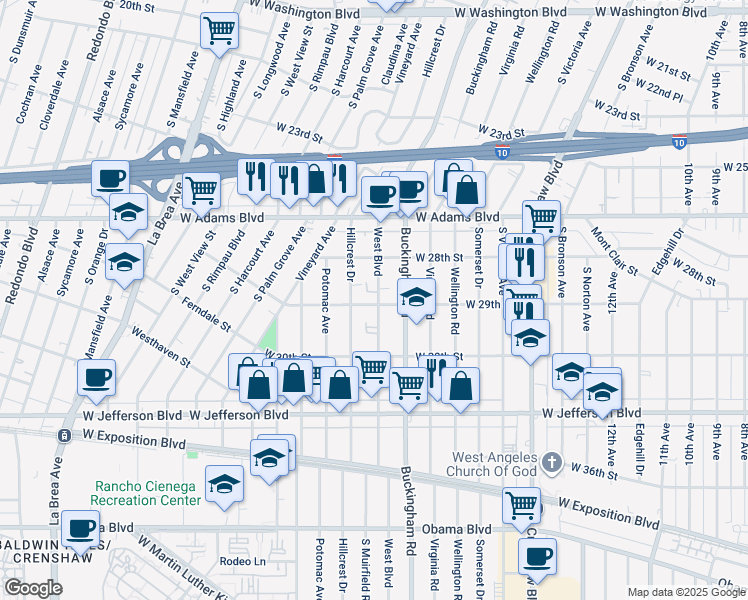 map of restaurants, bars, coffee shops, grocery stores, and more near 2912 Hillcrest Drive in Los Angeles