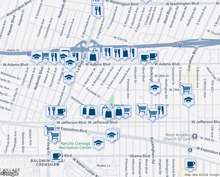 map of restaurants, bars, coffee shops, grocery stores, and more near 2832 South Palm Grove Avenue in Los Angeles