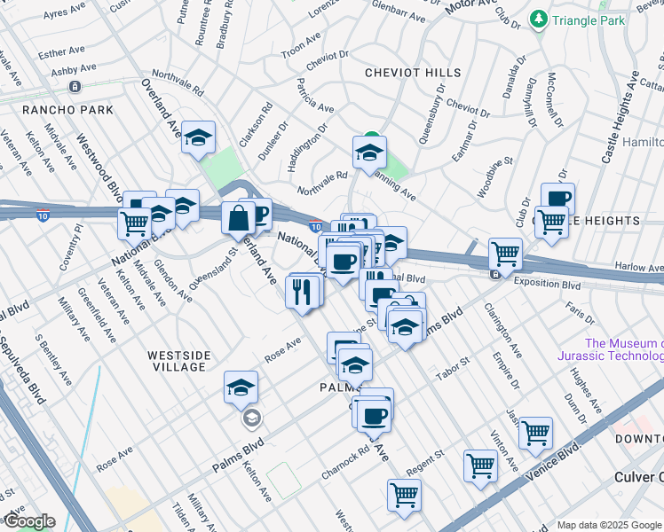 map of restaurants, bars, coffee shops, grocery stores, and more near 10433 National Boulevard in Los Angeles