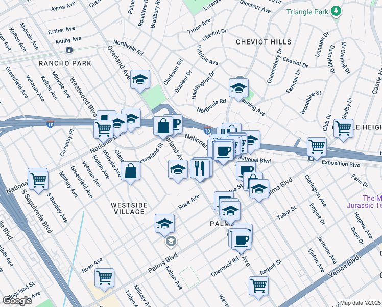 map of restaurants, bars, coffee shops, grocery stores, and more near 3230 Overland Avenue in Los Angeles