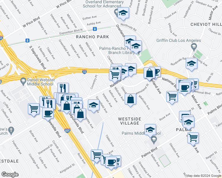 map of restaurants, bars, coffee shops, grocery stores, and more near 3031 Kelton Avenue in Los Angeles