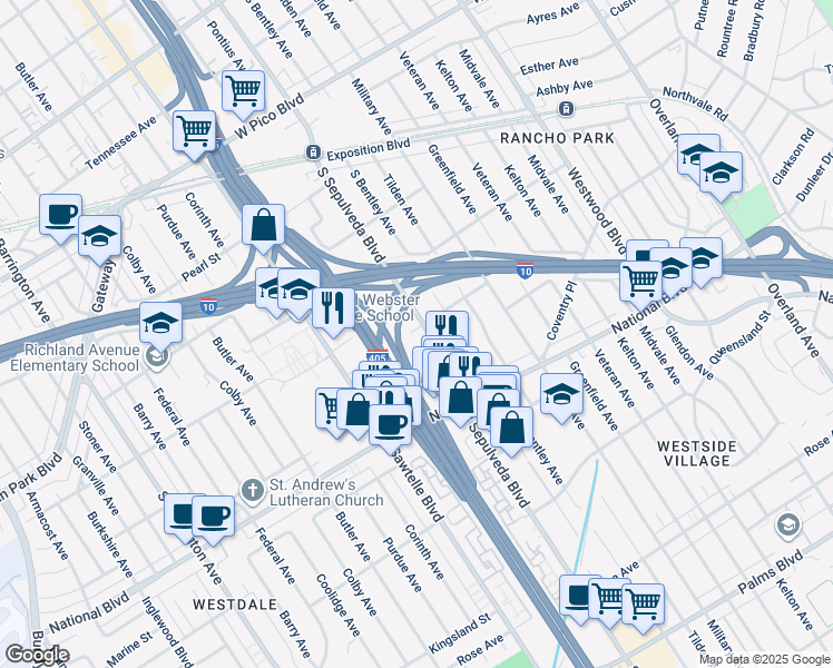 map of restaurants, bars, coffee shops, grocery stores, and more near 2901 South Sepulveda Boulevard in Los Angeles