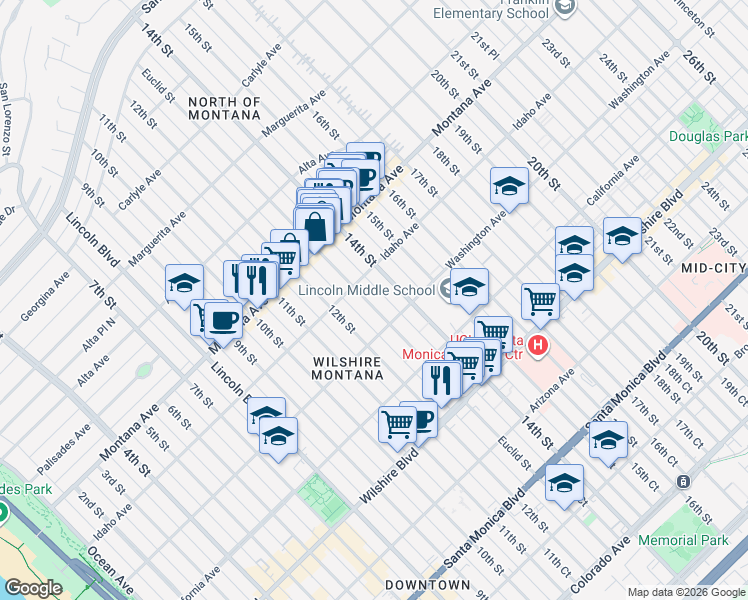 map of restaurants, bars, coffee shops, grocery stores, and more near 930 12th Court in Santa Monica
