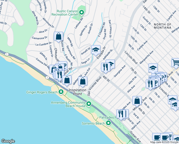 map of restaurants, bars, coffee shops, grocery stores, and more near 147 Adelaide Drive in Santa Monica