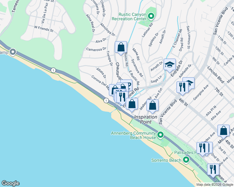 map of restaurants, bars, coffee shops, grocery stores, and more near 14841 Pacific Coast Highway in Santa Monica