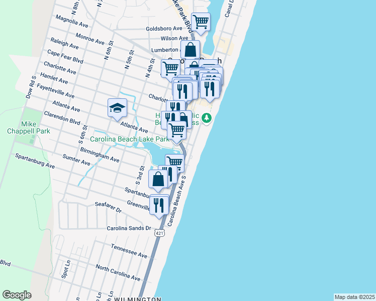 map of restaurants, bars, coffee shops, grocery stores, and more near 503 Lake Park Boulevard South in Carolina Beach