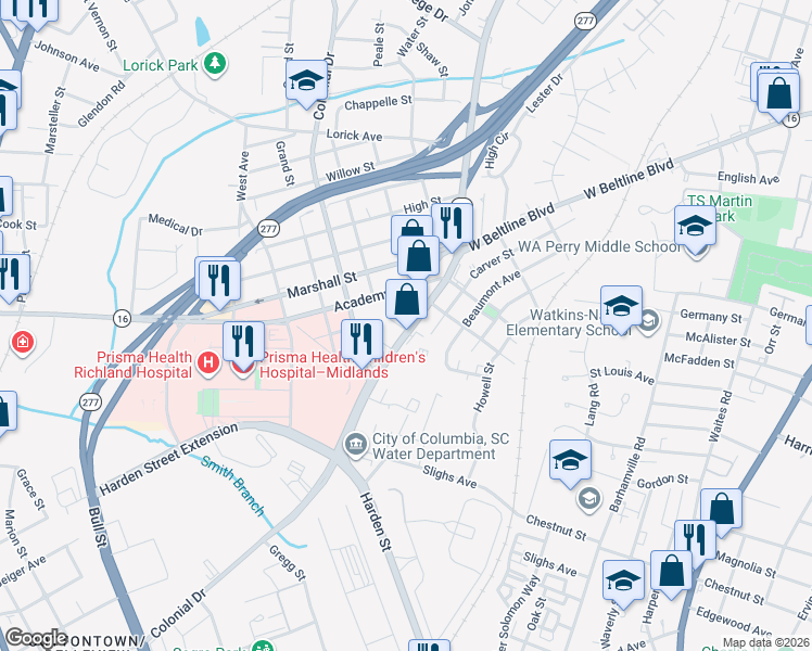 map of restaurants, bars, coffee shops, grocery stores, and more near 3032 Kent Street in Columbia