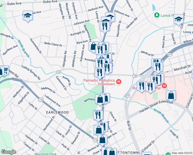 map of restaurants, bars, coffee shops, grocery stores, and more near 1025 Recreation Drive in Columbia