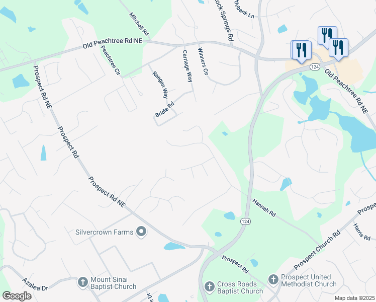 map of restaurants, bars, coffee shops, grocery stores, and more near 1900 Shady Creek Lane Northeast in Lawrenceville