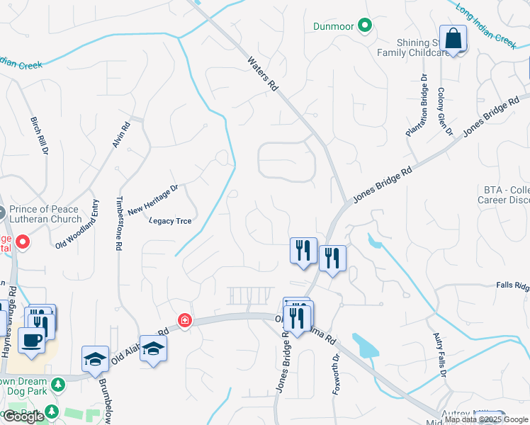 map of restaurants, bars, coffee shops, grocery stores, and more near 645 Crossbridge Alley in Alpharetta