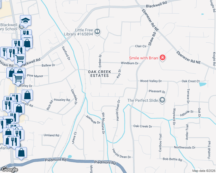 map of restaurants, bars, coffee shops, grocery stores, and more near 1252 Sherlock Drive in Marietta