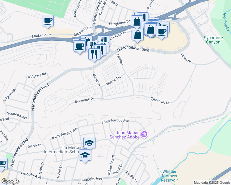 map of restaurants, bars, coffee shops, grocery stores, and more near 595 Sage Way in Montebello