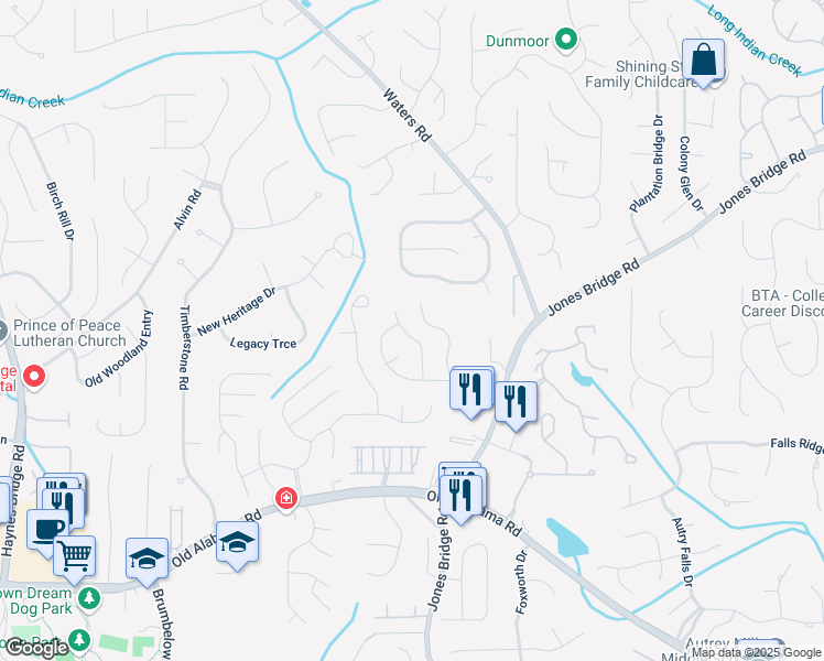 map of restaurants, bars, coffee shops, grocery stores, and more near 645 Crossbridge Alley in Alpharetta