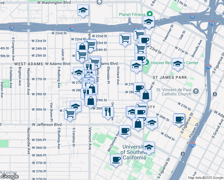 map of restaurants, bars, coffee shops, grocery stores, and more near 2814 Ellendale Place in Los Angeles