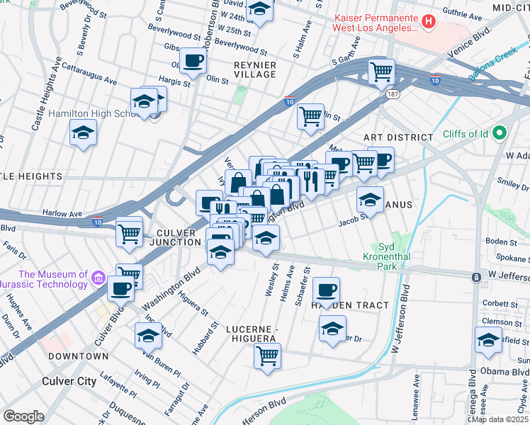 map of restaurants, bars, coffee shops, grocery stores, and more near 8740 Washington Boulevard in Culver City