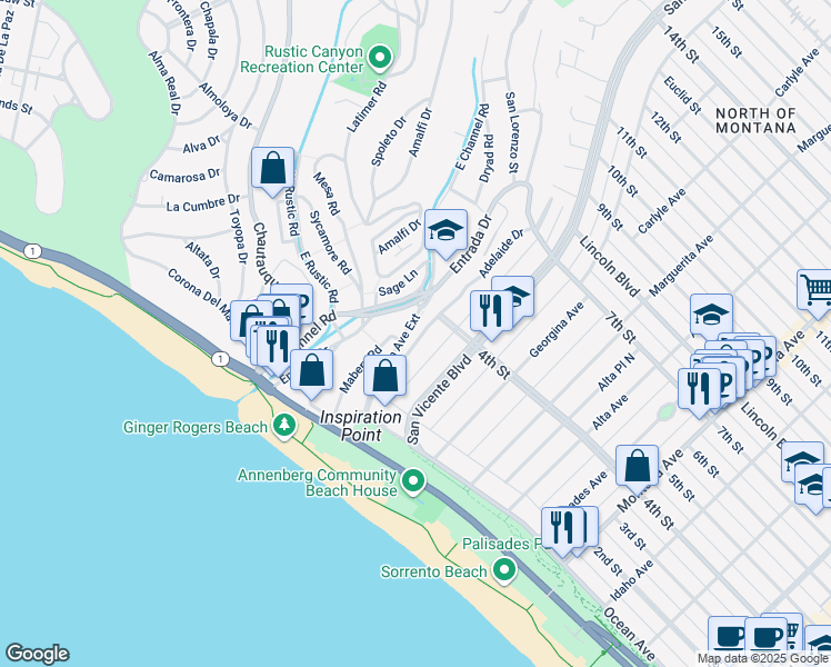 map of restaurants, bars, coffee shops, grocery stores, and more near 147 Adelaide Drive in Santa Monica