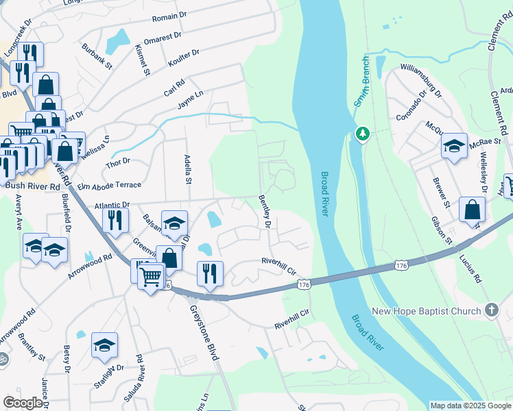 map of restaurants, bars, coffee shops, grocery stores, and more near 1800 Atlantic Drive in Columbia