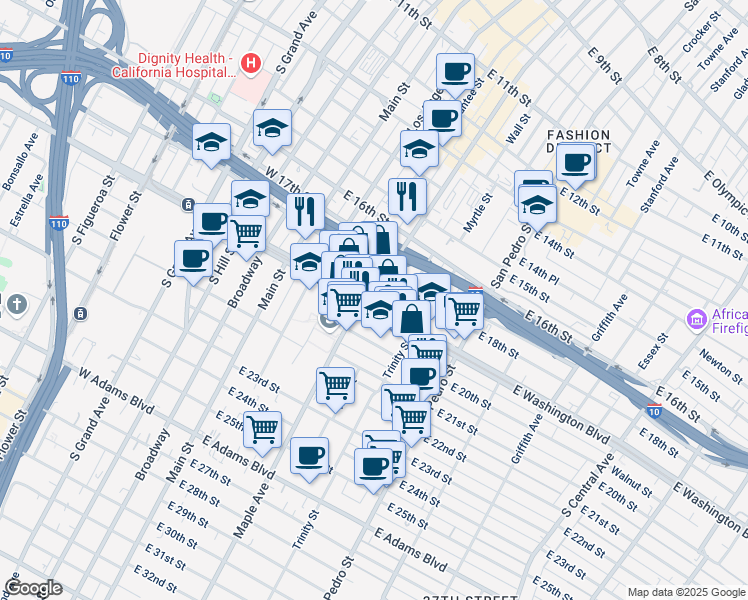 map of restaurants, bars, coffee shops, grocery stores, and more near 410 East Washington Boulevard in Los Angeles