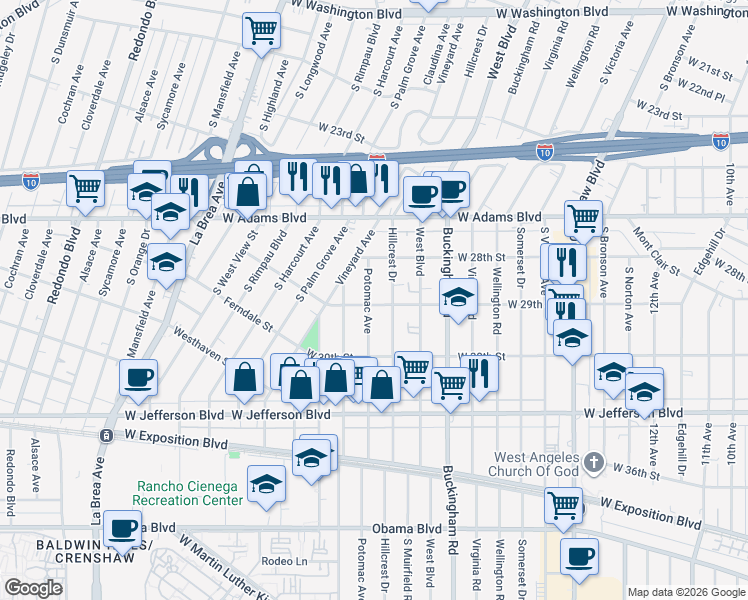 map of restaurants, bars, coffee shops, grocery stores, and more near 2850 Potomac Avenue in Los Angeles